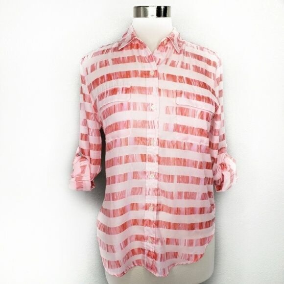 Calvin‎ Klein Womens Sheer Coral Pink Striped Button-Down Blouse S - Picture 1 of 8